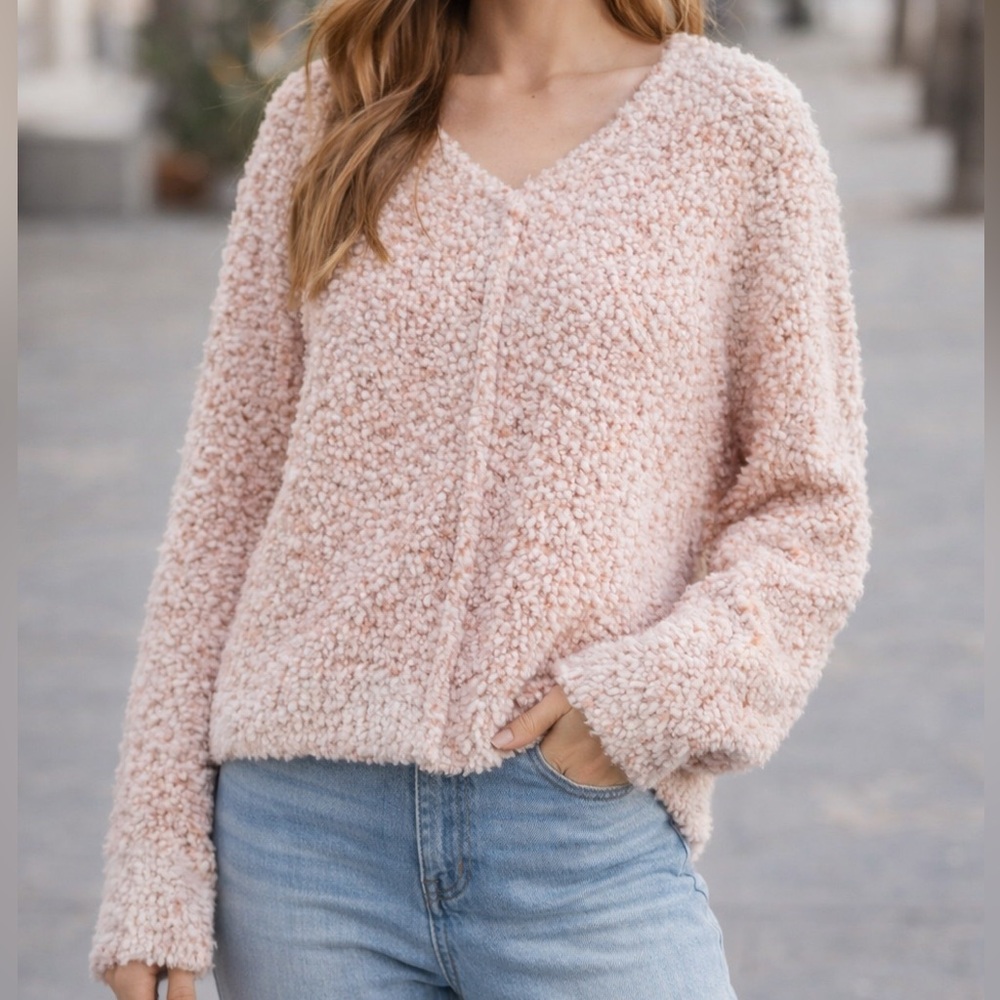 Hippie Rose Soft Pink/White V-Neck Sweater